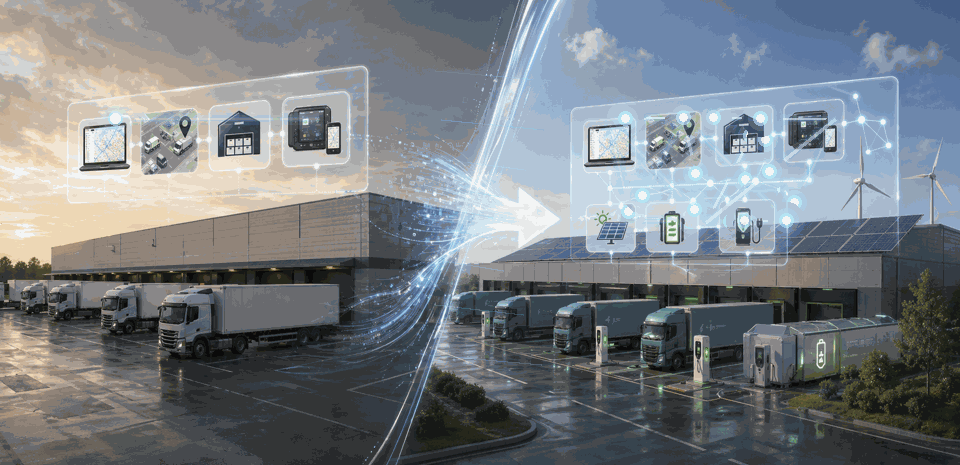 Übergang von einem konventionellen Diesel-Lkw-Depot zu einem elektrifizierten, orchestrierten Depot mit Ladepunkten, PV und Wind